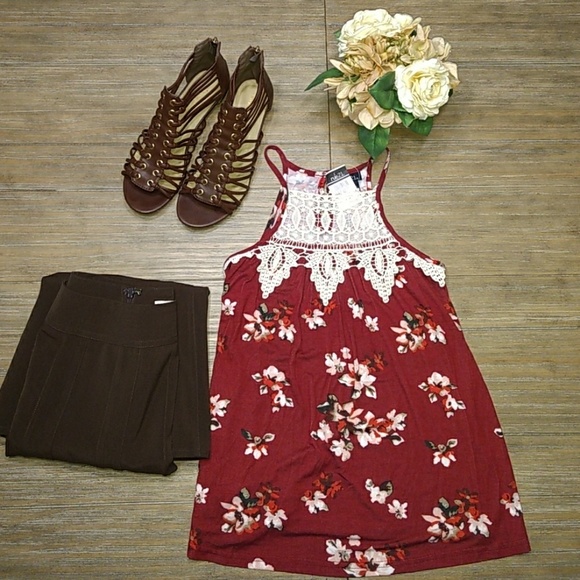 Rue21 Tops - Rue 21 Burgundy Floral Crochet Shirt XS